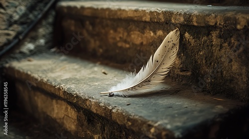 Obraz na płótnie A single feather with a delicate stone necklace on a stone stairwell w salonie