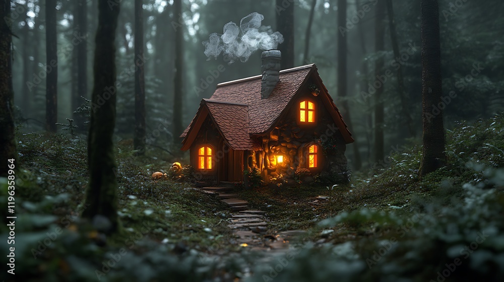 A small glowing cottage nestled in the forest with smoke rising from the chimney
