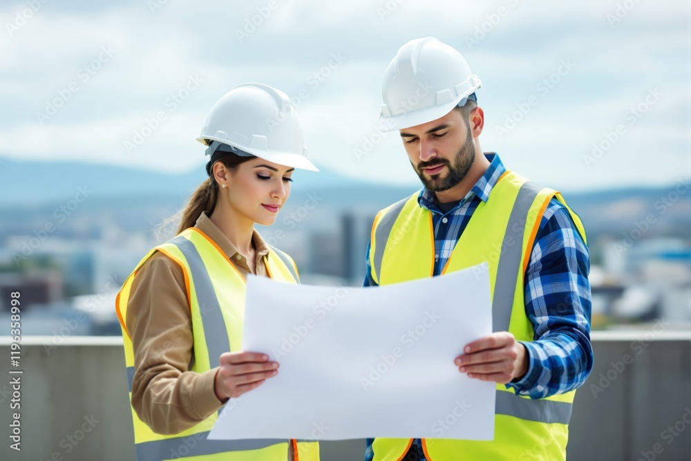 Two construction workers reviewing a blueprint on a rooftop in a bright daylight setting. Two construction workers reviewing a blueprint on a rooftop in a bright daylight setting.