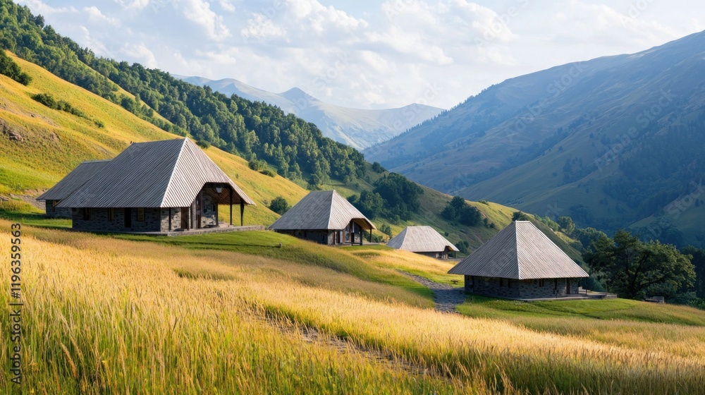 Obraz premium Mountain Houses in Golden Field
