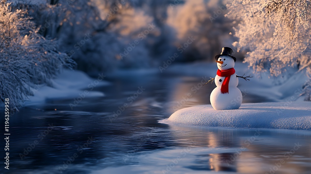 A snowman standing on a frozen river with a bright red scarf