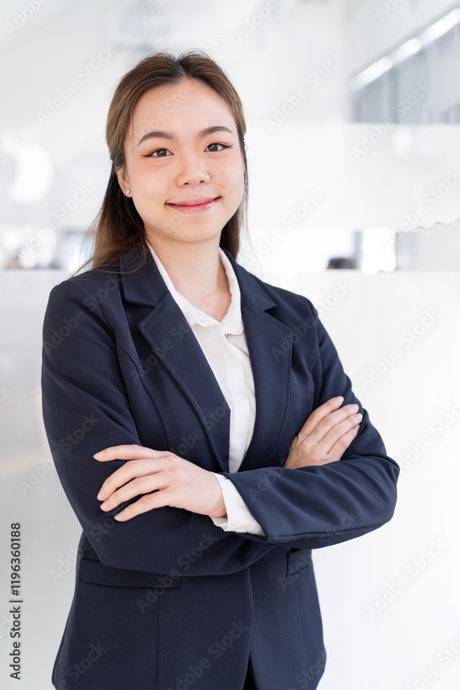 Beautiful young businesswoman looking at camera with smile while standing in office. Beautiful young businesswoman looking at camera with smile while standing in office.