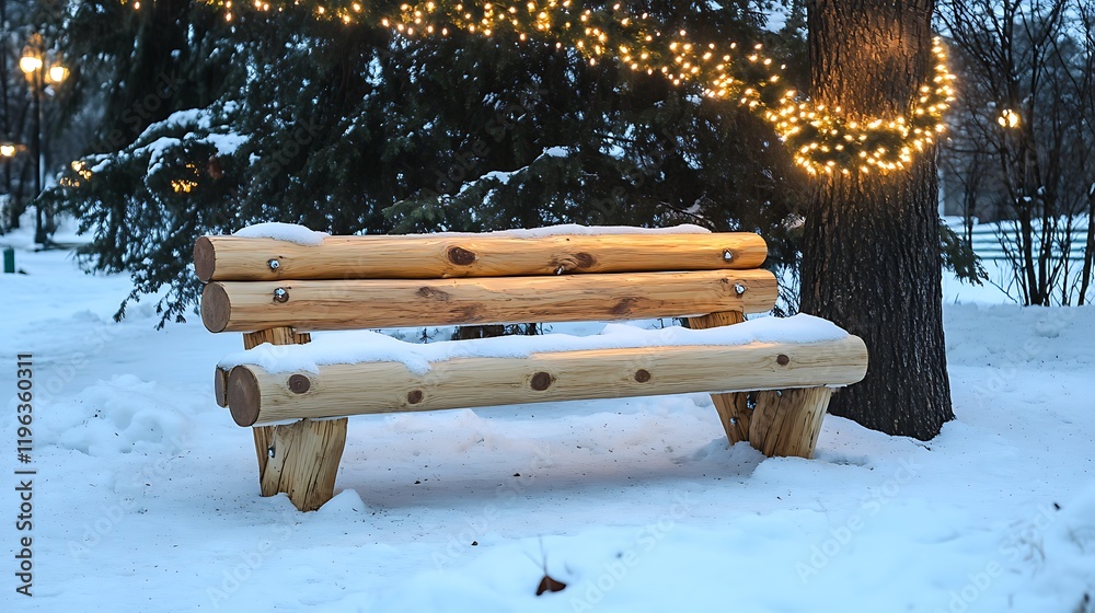 A snowy wooden bench in a calm park with a frozen garland hanging over it