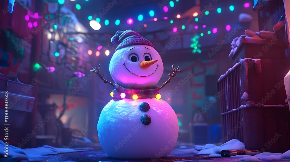 A softly lighting electric snowman set against a vibrant backdrop