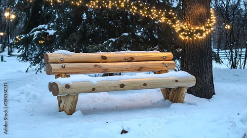 Obraz na płótnie A snowy wooden bench in a calm park with a frozen garland hanging over it w salonie
