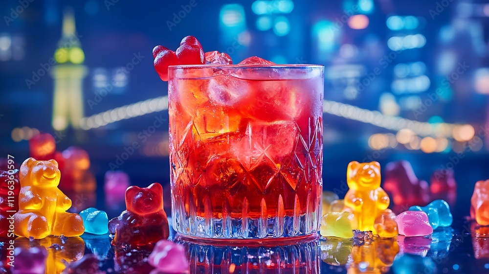 A sparkling drink surrounded by gummy bears and jelly treats with a famous monument view behind