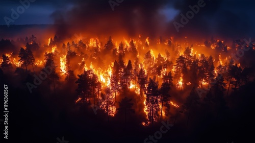 Intense Wildfire Devastating Dense Forest Landscape at Dusk photo