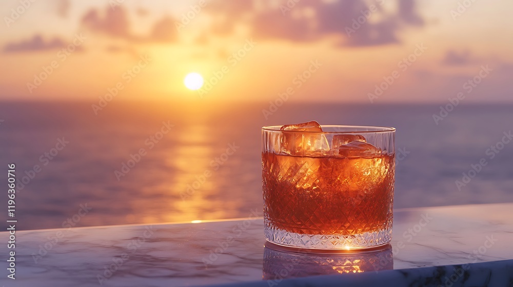 A sparkling glass of cocktail with jelly cubes set on a marble counter with a beautiful sunset A sparkling glass of cocktail with jelly cubes set on a marble counter with a beautiful sunset