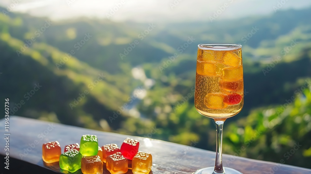 A sparkling tropical cocktail with jelly cubes and sour gummies arranged on a wooden table with a valley view