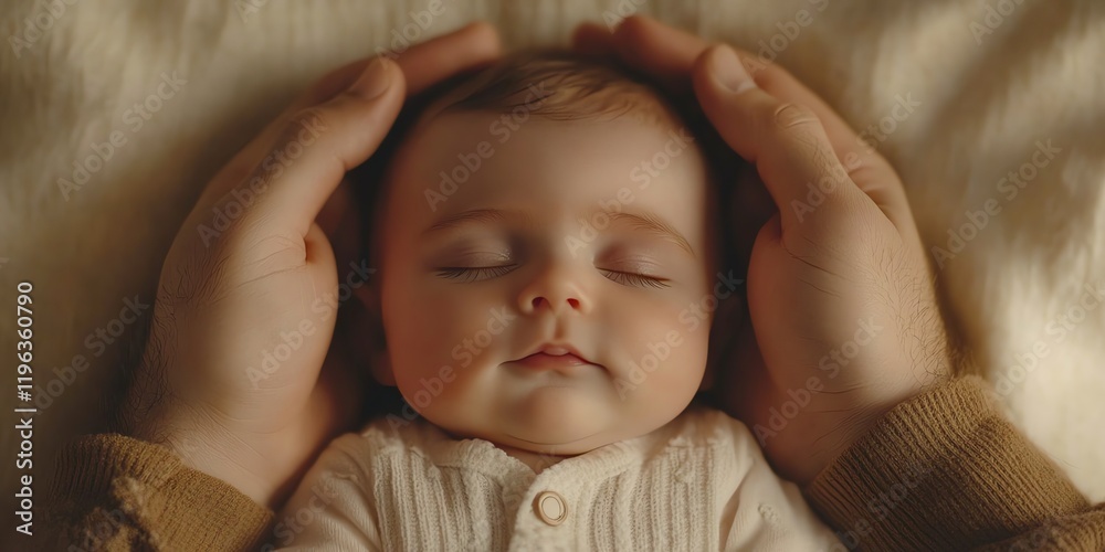 A peaceful baby sleeping in gentle hands, symbolizing care and protection.