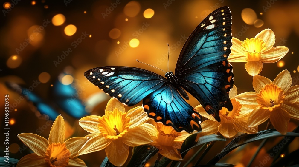 Blue Morpho Butterfly on Daffodils Blue Morpho Butterfly on Daffodils