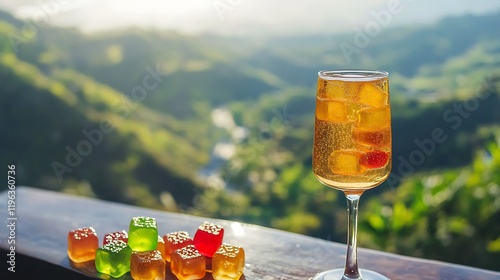 Obraz na płótnie A sparkling tropical cocktail with jelly cubes and sour gummies arranged on a wooden table with a valley view w salonie