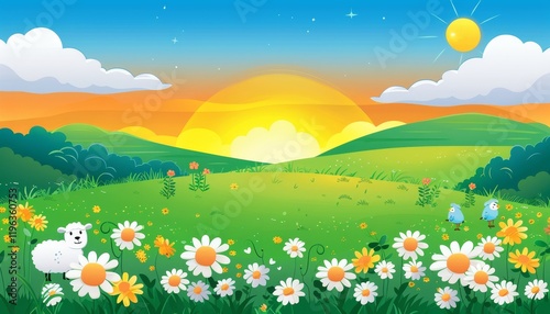A picturesque cartoon landscape with a sun setting over rolling green hills, flowers, and a cute sheep.