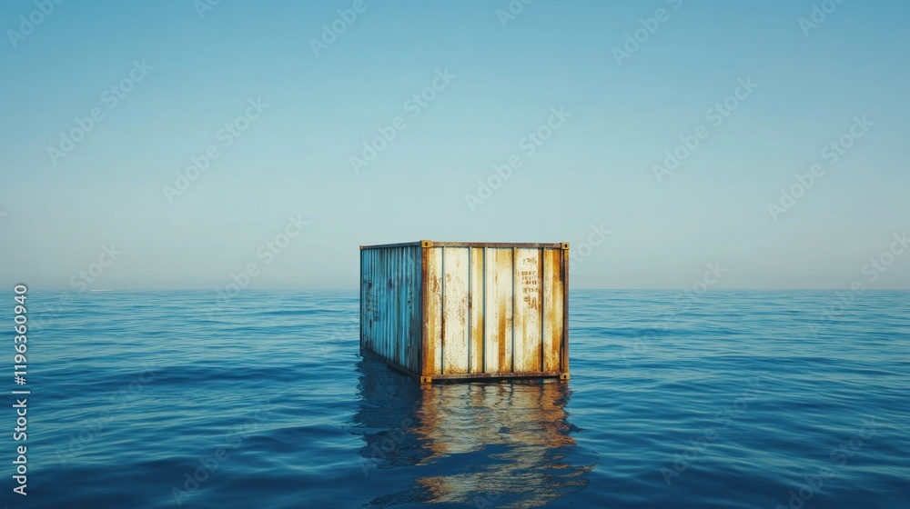 A solitary shipping container floating in calm ocean waters under a clear blue sky. A solitary shipping container floating in calm ocean waters under a clear blue sky.