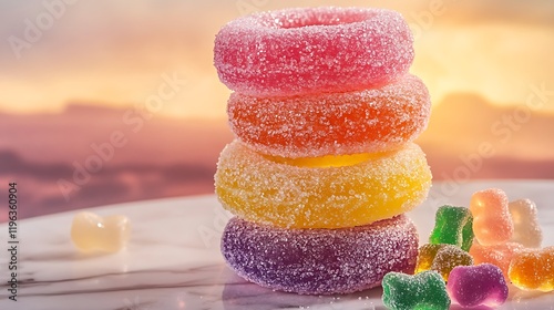 Obraz na płótnie A stack of colorful jelly donuts with sparkling gummies on a marble table set with a desert backdrop w salonie