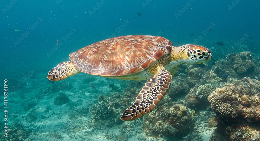 Obraz premium Magnificent Sea Turtle Underwater Coral Reef Scene Tropical Ocean Wildlife photo image shell marine animal 