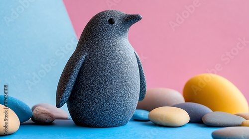 Obraz na płótnie A stone penguin with simple carved features isolated on a colorful background w salonie
