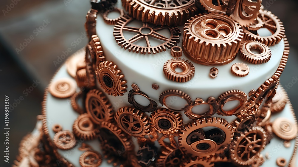 A steampunkstyle cake with edible gears and copper details