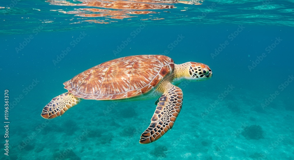 Fototapeta premium Stunning Sea Turtle Underwater Ocean Wildlife Photography Nature Image reef blue coral shell green brown 