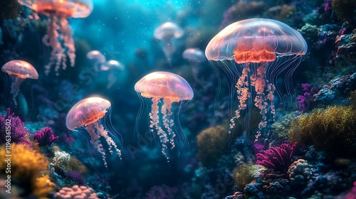 Obraz na płótnie A surreal ocean landscape with floating jellyfish and glowing coral reefs w salonie