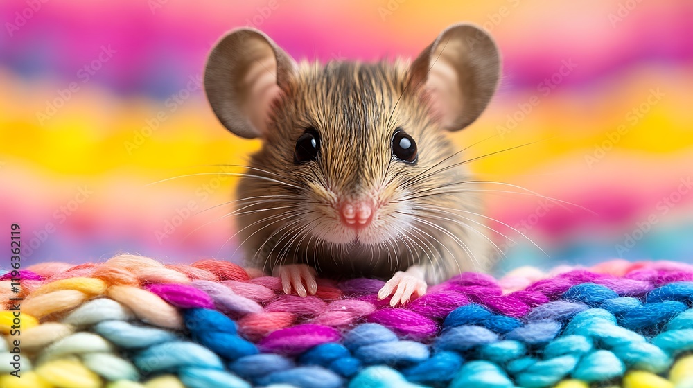 A tiny woven mouse with whiskers isolated on a colorful background
