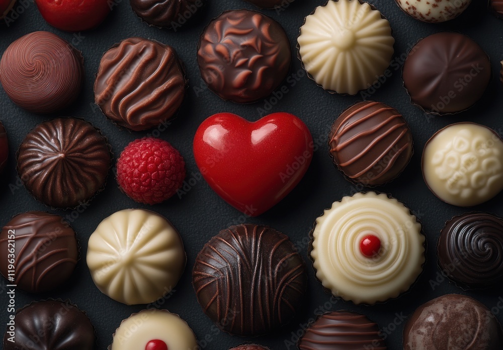 Assortment of Gourmet Chocolates Including Heart-Shaped Treat on Dark Background for Romantic Occasions and Celebrations Assortment of Gourmet Chocolates Including Heart-Shaped Treat on Dark Background for Romantic Occasions and Celebrations