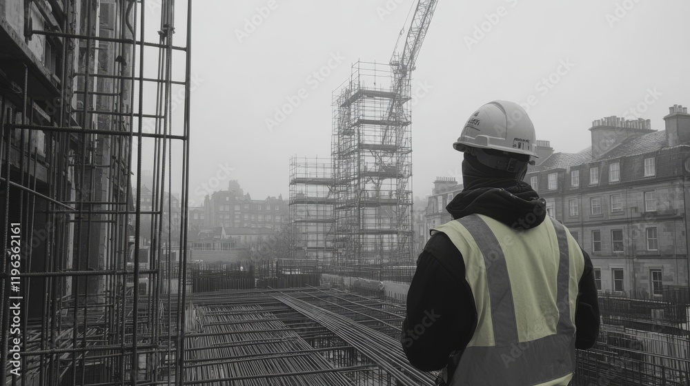 47.A building site bustling with activity, a worker in high-visibility gear focusing on assembling steel rebar, with scaffolding and unfinished structures rising in the background. 47.A building site bustling with activity, a worker in high-visibility gear focusing on assembling steel rebar, with scaffolding and unfinished structures rising in the background.
