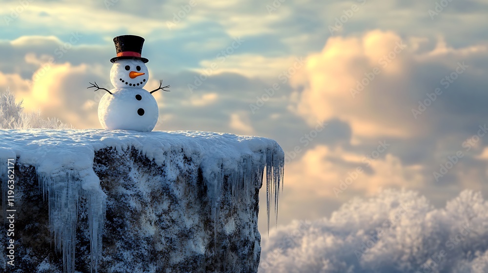 A top hatted snowman sitting atop a frozen precipice