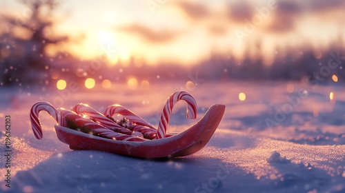 Obraz na płótnie A tiny sleigh with candy canes sliding across a frozen field w salonie