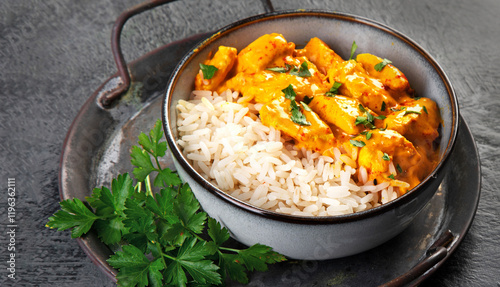 Indian butter chicken curry with basmati rice on dark background. photo