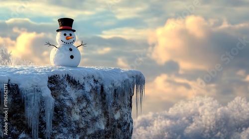 Obraz na płótnie A top hatted snowman sitting atop a frozen precipice w salonie