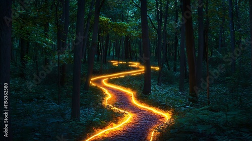 Obraz na płótnie A tranquil forest with a glowing path winding through the trees leading to an unknown destination w salonie