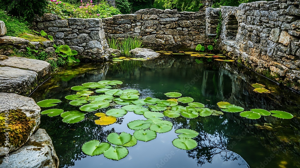 A tranquil pond with lily pads floating on the surface surrounded by ancient stone walls