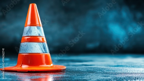 Vibrant orange traffic cone on wet asphalt, ensuring safety and visibility on rainy roads construction zones