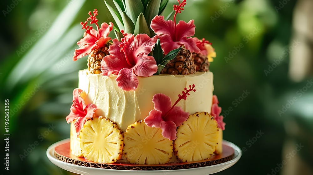 A tropical cake decorated with edible hibiscus flowers and pineapple slices