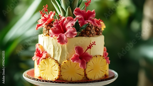 Obraz na płótnie A tropical cake decorated with edible hibiscus flowers and pineapple slices w salonie