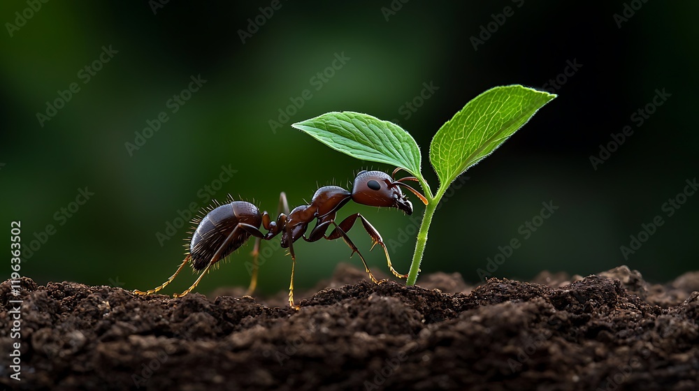 Close-up of an ant interacting with a young green plant in a natural setting. Background features blurred greenery, suggesting a vibrant ecosystem Close-up of an ant interacting with a young green plant in a natural setting. Background features blurred greenery, suggesting a vibrant ecosystem