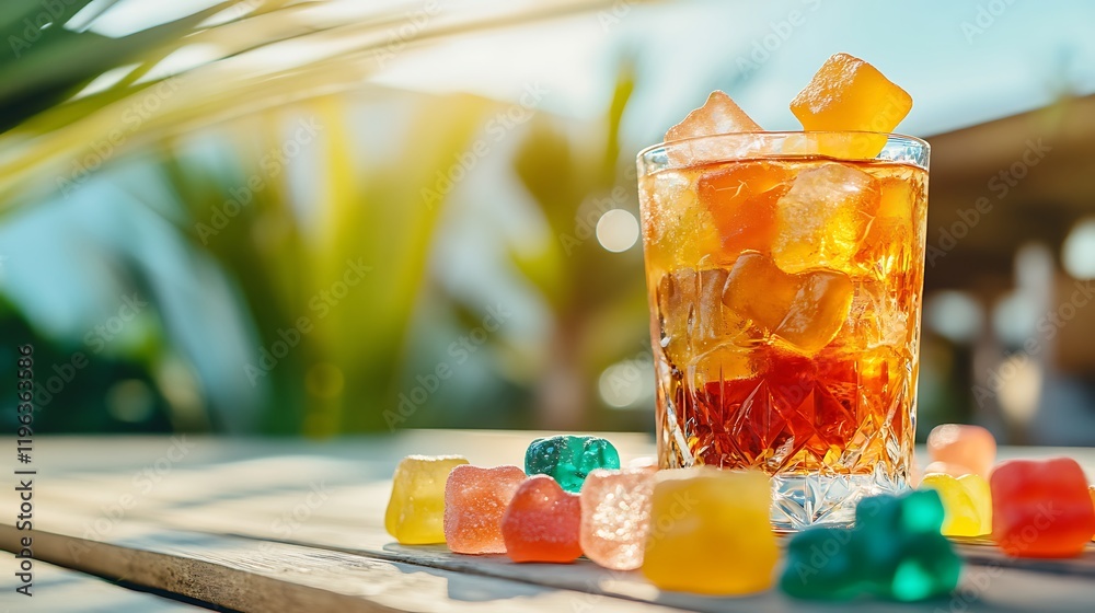 A tropical cocktail with jelly squares set beside colorful gummy candies on a terrace