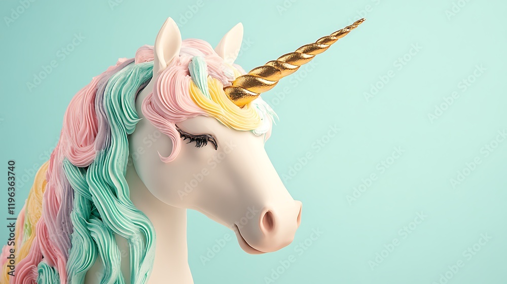 A unicorn cake with a golden horn and colorful mane made of frosting