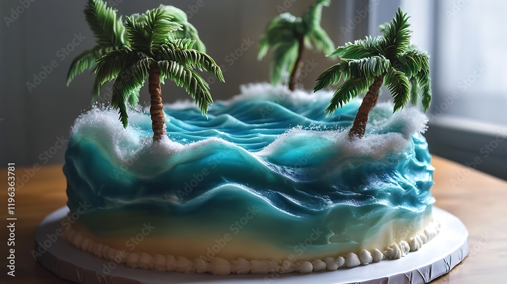 A tropical lagoon cake with edible waves and palm trees