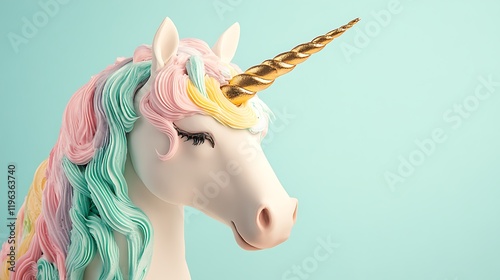 Obraz na płótnie A unicorn cake with a golden horn and colorful mane made of frosting w salonie