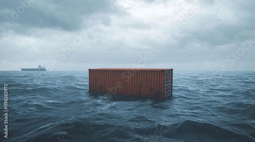 A solitary shipping container adrift in a stormy sea, evoking themes of isolation and uncertainty.