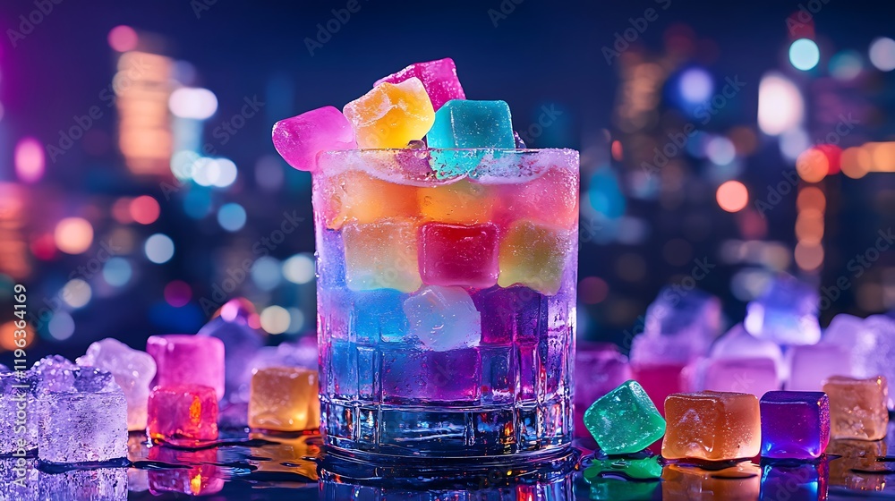 A vibrant cocktail topped with colorful jelly cubes surrounded by gummies set against a glowing city backdrop