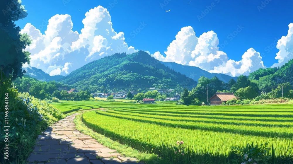 Fototapeta premium 90.A sprawling rice field with symmetrical green rows bathed in sunlight, the clear blue sky dotted with soft clouds, creating a peaceful and idyllic countryside view.