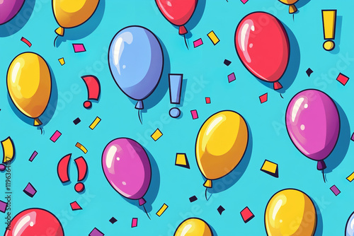 The image is a colorful, cartoon-style illustration featuring vibrant helium balloons in various colors, such as red, yellow, and purple, against a light blue background