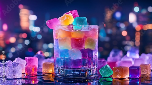 Obraz na płótnie A vibrant cocktail topped with colorful jelly cubes surrounded by gummies set against a glowing city backdrop w salonie