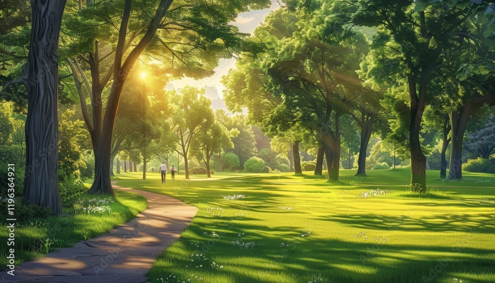 Obraz premium A picturesque park path winds through a lush green forest, sunlight filtering through the canopy.