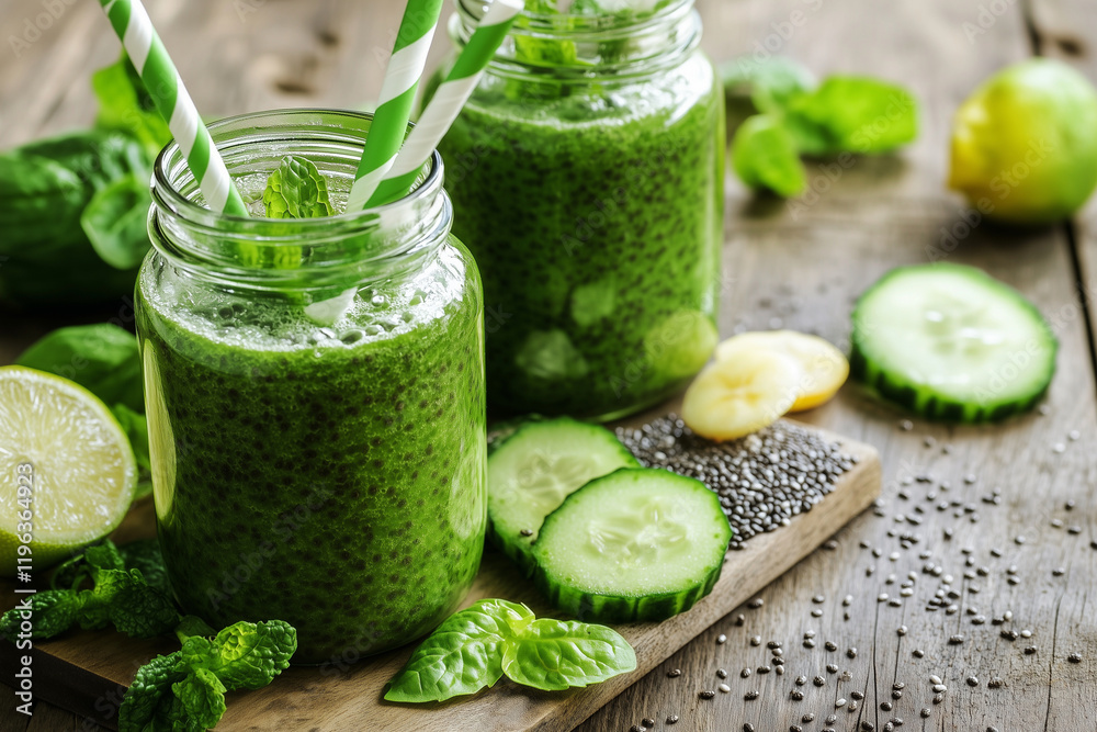 Two green smoothies with cucumber slices and lime wedges on a wooden table. The smoothies are in mason jars and the table is covered with a variety of fruits and vegetables Two green smoothies with cucumber slices and lime wedges on a wooden table. The smoothies are in mason jars and the table is covered with a variety of fruits and vegetables