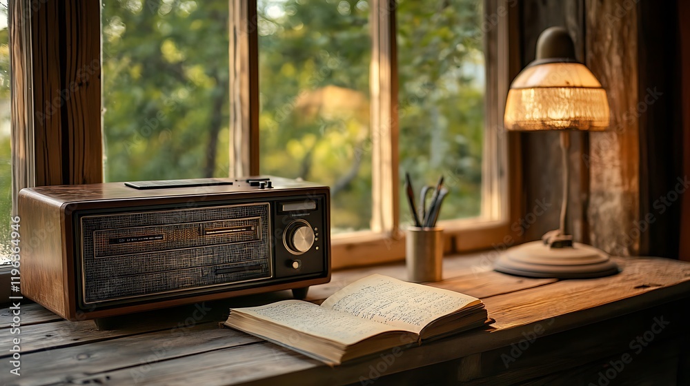 A vintage radio with a worn journal on a wooden desk by the window