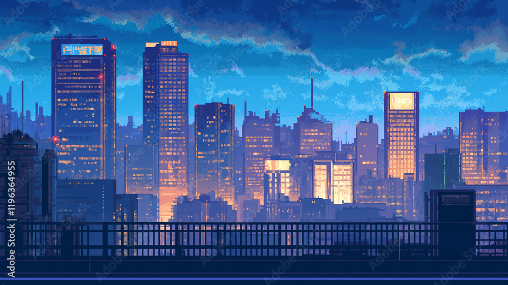 Fototapeta premium ネオンと夕暮れのコントラスト|ピクセルアートで描かれた未来都市の風景